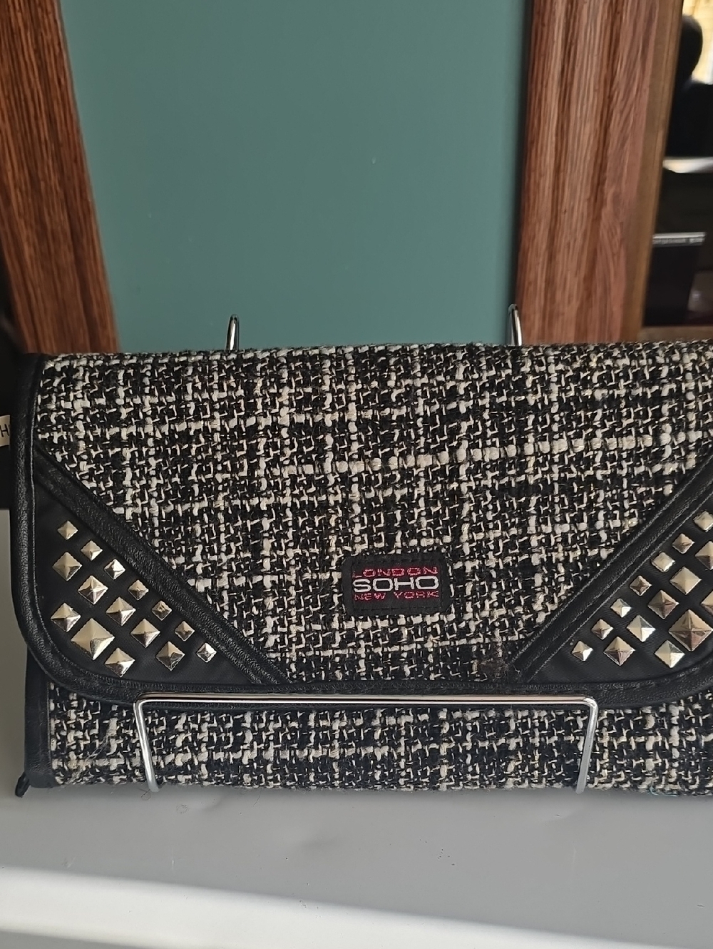 SOHO London New York Black & White Tweed Studded Clutch